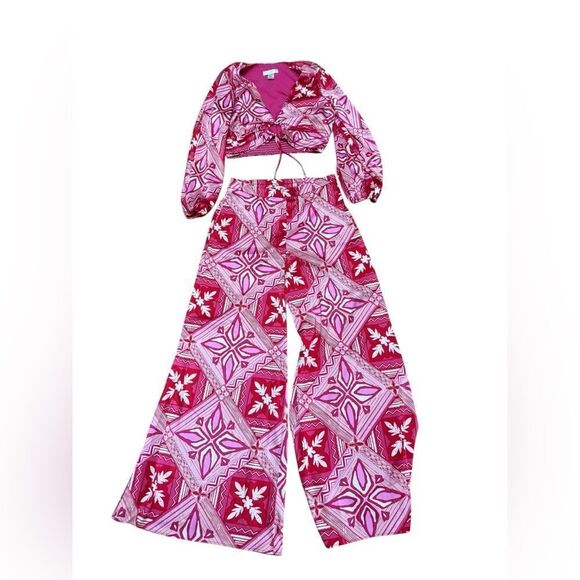 CAROLINE CONSTAS Pink/white Shiny Satin Blouse With Pull On Pant Set Size M - Picture 2 of 6